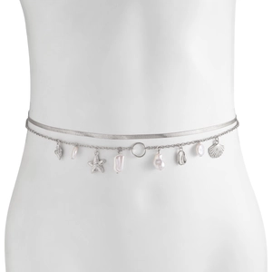 Detailed view of silver double-layered body chain with starfish, shell and pearl charms