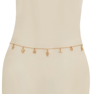 Close-up of golden waist chain with detailed starfish, seashell, and turtle charms