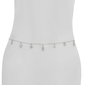 Silver waist chain with starfish and seashell charms on model with ocean theme