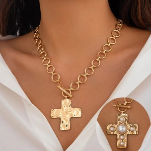 Punk Vintage Legering Metaal Kruis Hart Ster Hanger Halsketting Retro Gehamerde Textuur Kapittelsluiting Grove Ketting Sieraden Vrouwen