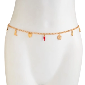 Detail view of gold chain body belt featuring cowboy boot, chili, and star charms