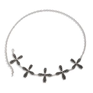 Gothic punk waist chain with silver metal cross pendants and skull relief design