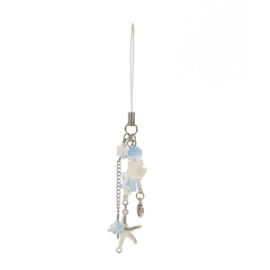 Close-up of ocean-themed phone strap with starfish, shell, and blue star beads