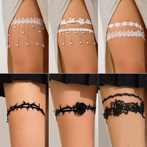 Chaîne de Cuisse Gothique Épines et Rose Jarretière Élastique Sexy en Dentelle avec Gland et Künstliche Perle d'Imitation pour Femme