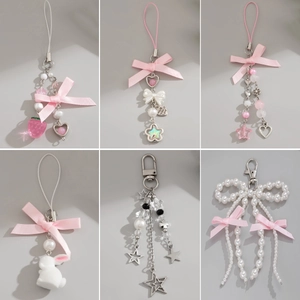 Cute Ribbon Bow Strawberry Phone Charm Beaded Keychain Bag Pendant Heart Star Rabbit Sea Shell Jewelry Accessory For Women Girls