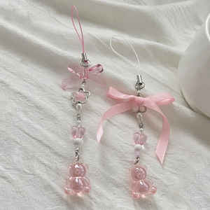 Aesthetic pink bow and strawberry bear phone charms with beaded straps and ribbons