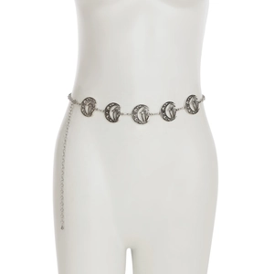 Detail of silver gothic waist chain with engraved crescent moons and mushroom motifs