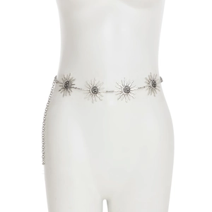 Detailed view of silver sun-shaped decorative discs on a metallic gothic body waist chain
