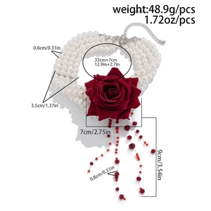 Detailed size chart showing multilayer pearl necklace with red rose and beaded tassels