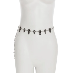 Detailed punk silver metal waist chain featuring ornate coffin pendants and skulls