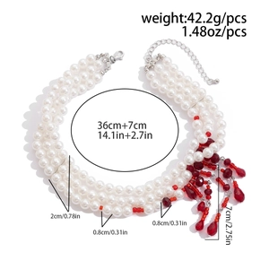 Detail of layered pearl necklace with red crystal blood drops and size measurements