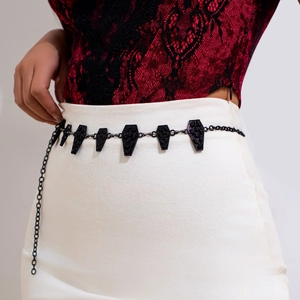 Gothic body chain featuring coffin-shaped black pendants with intricate embossed patterns