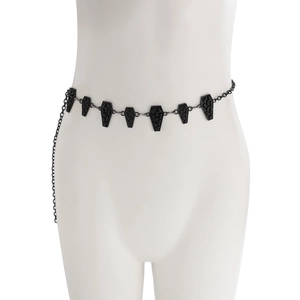 Gothic body chain featuring black metal coffin charms with detailed embossed patterns