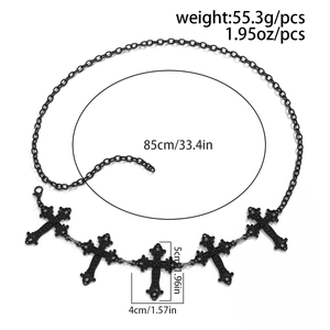 Detailed view of Gothic black metal waist chain with ornate cross pendants and dimensions