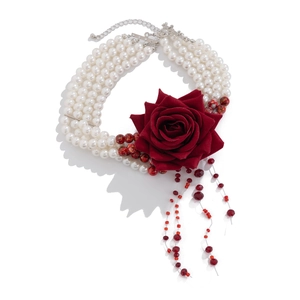 Multilayer pearl necklace with dark red velvet rose and blood-red bead tassels
