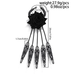Gothic black rose hand harness with five claw rings and detailed dimension annotations