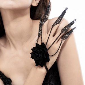Gothic black metal claw ring set with filigree patterns and velvet rose hand jewelry