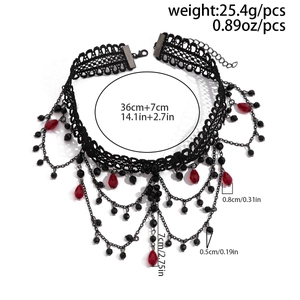 Detail view showing dimensions of gothic black lace choker with red crystal pendant