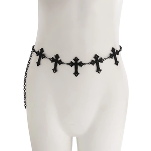 Close-up of black gothic waist chain with ornate cross pendants on a mannequin