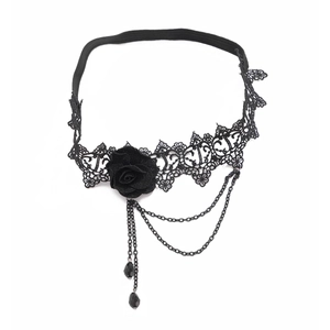 Chaîne de cuisse gothique en dentelle noire avec rose en tissu et glands en cristal