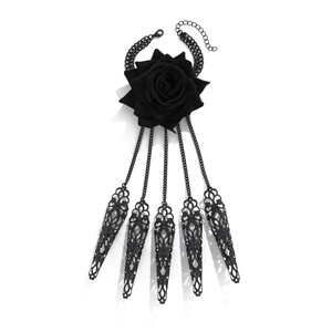 Gothic black fabric rose hand chain with hollow metal finger claws on white background