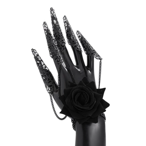 Gothic black metal claw armor rings with chain linked dark rose wristband detail