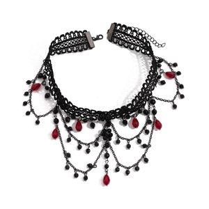 Gothic lace choker with red crystal pendant and multilayer black beaded tassels