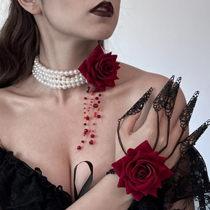 Gothic Multi-Layer Imitation Artificial Pearl Choker Necklace With Cloth Rose Flower Tassel And Claw Ring Hand Chain Halloween Jewelry