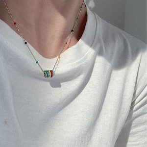 Rainbow enamel bead necklace with colorful cylinder pendant on slim silver chain