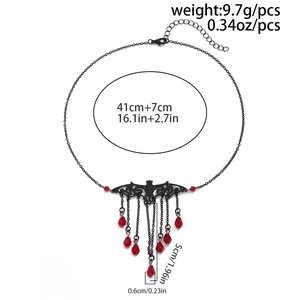 Detailed dimension guide for gothic bat necklace with red crystal tassels and black chain