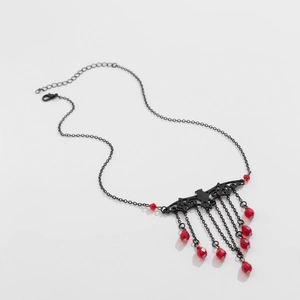 Detailed view of Gothic bat pendant with red crystal tassels and black alloy chain