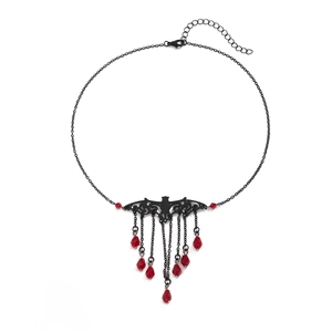 Gothic bat pendant necklace with red crystal droplets and black fringe tassels