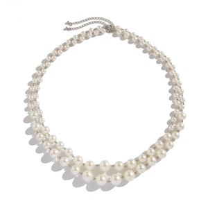 Double-layered imitation pearl necklace with adjustable silver lobster clasp and extender
