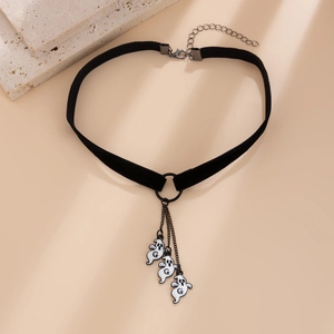 Gothic choker with black velvet ribbon, metal chains and white ghost pendants detail