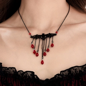 Gothic Black Bat Red Water Drop Tassel Necklace Halloween Ghost Velvet Choker For Women Dark Style Neck Jewelry Gift