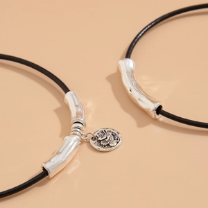 Ethnic retro double-layer choker with irregular silver metal tubes and relief pendant