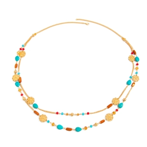 Bohemian long tassel necklace with turquoise beads and golden floral filigree plates