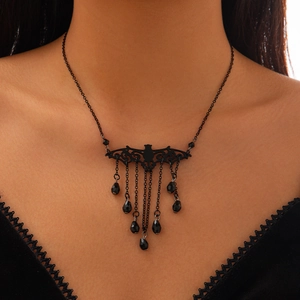Gothic black bat necklace with dangling tassel chains and dark crystal beads for Halloween