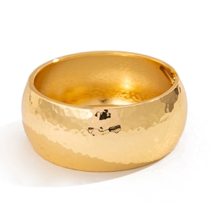 Polished gold hammered wide open cuff bracelet with wavy metallic texture for women