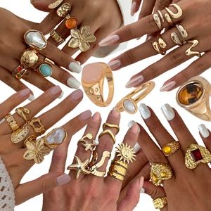 Vintage Gold Legierung Ring Kollektion Für Damen Böhmisch Tigerauge Stein Künstliche Perle Strass Seestern Sonne Gehämmert Fingerringe Schmuck