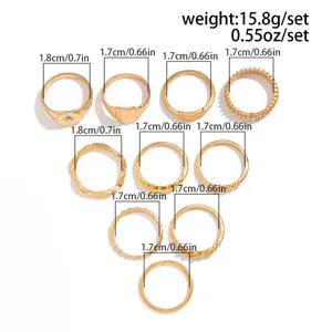 Maattabel voor 10-delige gouden ringenset met binnendiameters van 1,7 cm tot 1,8 cm lang