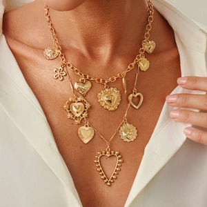 Vintage Alloy Enamel Heart Pendant Necklace Bracelet For Women Iron Aluminum Chain Rhinestone Multi Charm Sweet Cool Jewelry