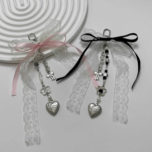 Porte-Clés Noeud En Ruban Style Coquette Pendentif Coeur Alliage Dentelle Künstliche Perle Bijou De Sac Pour Femmes Filles