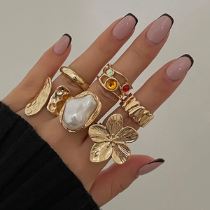 Vintage Alloy Baroque Imitation Artificial Pearl Flower Ring Set Gold Silver Plated Enamel Acrylic Diamond Open Adjustable Finger Rings Jewelry