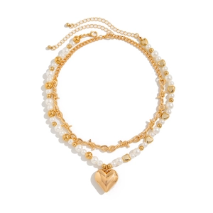Double-layer gold barbed chain necklace with white faux pearls and heart pendant charm