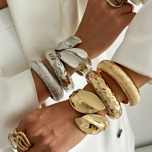 Trendy Chunky Legering Metalen Bangle Armband Gehamerd Ribbeltextuur Abstracte Open Ring Vrouwen Goud Zilver Sieraden