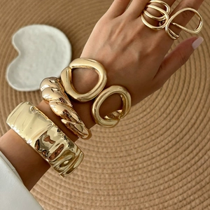 Modern Minimalist Alloy Bangle Bracelet Hollow Twisted Pleated Metal Texture Cuff Bracelet Layered Open Finger Ring For Women Jewelry