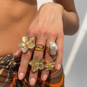 Barokke Imitatie Kunstparel Bloem Ring Set Voor Vrouwen Vintage Goud Zilver Vergulde Legering Hars Strass Open Verstelbare Ring