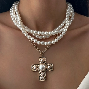 Vintage Multi Layer Imitation Artificial Pearl Alloy Iron Chain Necklace With Cross Pendant Gold Silver Jewelry For Women Party Accessory
