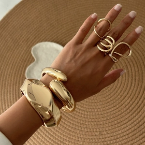 Brazalete Ancho Geométrico Irregular Juego de Anillos de Onda Abstracta para Mujer de Aleación Chapado en Oro Plata Joyería de Declaración